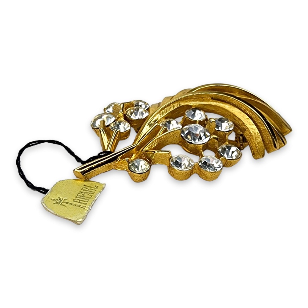 Trifari Vintage Gold Tone Clear Rhinestone Brooch Pin Flower Leaf New Old Stock - Picture 4 of 9